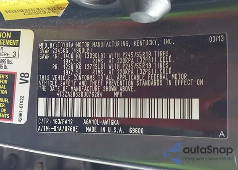 2013 Toyota Venza Le из США, поврежденный, VIN 4T3ZA3BB3DU076284